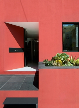 خانه ای با نمای صورتی رنگ، استخری در بام و باغ عمودی
